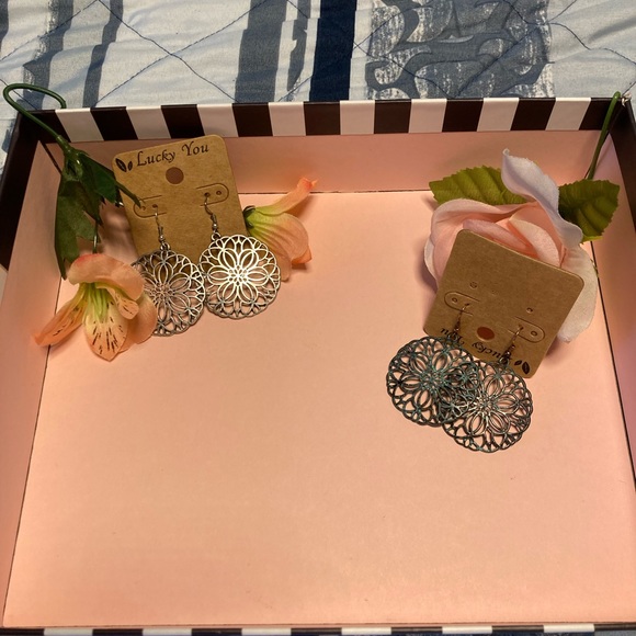 LUCKY YOU Silver Fishhook Dangle Round Filigree Pierced Earrings - Picture 6 of 7